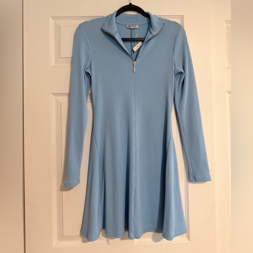 Zara Sky Blue Long-Sleeve Zip Dress